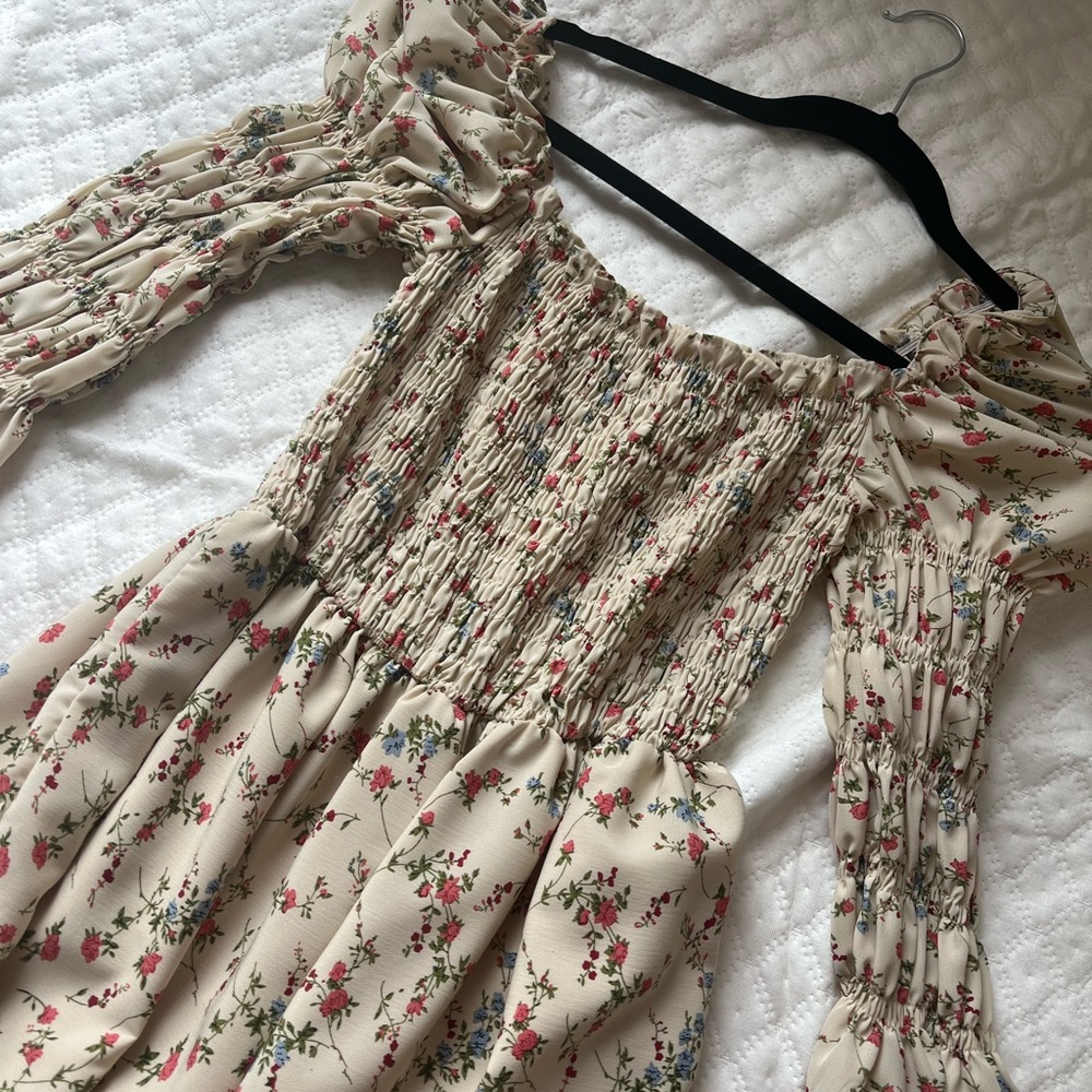 Cottagecore maxi dress shirred puff sleeves